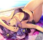  bikini breasts hair_ribbon homare_(fool's_art) large_breasts lying on_back original purple_eyes purple_hair ribbon shizune_(homare) side-tie_bikini solo swimsuit twintails 
