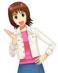  a1 amami_haruka bad_anatomy brown_hair buttons dutch_angle flat_chest green_eyes hair_ribbon hand_on_hip idolmaster idolmaster_(classic) idolmaster_1 jacket long_sleeves open_clothes open_jacket ribbon short_hair simple_background solo unbuttoned white_background 