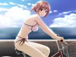  beach bicycle bikini brown_hair day game_cg ground_vehicle kiyose_rie nami_no_manimani ocean peko short_hair side-tie_bikini solo swimsuit 