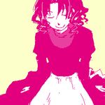  apron artist_request closed_eyes drill_hair gankutsuou long_sleeves lowres male_focus monochrome otoko_no_ko peppo pink short_hair simple_background smile solo waist_apron yellow_background 