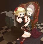  bangs blonde_hair blue_eyes blunt_bangs chair checkered checkered_floor copyright_request corset dress flower gothic hair_flower hair_ornament inuburo lipstick looking_back makeup mirror neck_ribbon red_footwear red_lipstick reflection ribbon shoes_removed short_hair solo squatting 