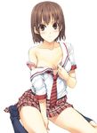  bare_shoulders blush bra brown_eyes brown_hair lingerie luna_(reclaimed_land) off_shoulder original plaid plaid_skirt school_uniform short_hair simple_background sitting skirt socks solo strap_slip underwear undressing wariza 