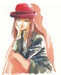  blue_eyes brown_hair buttons christina_mackenzie gundam gundam_0080 hand_on_own_cheek hat jacket long_sleeves looking_at_viewer mikimoto_haruhiko open_clothes open_jacket pantyhose shirt simple_background sitting smile solo white_shirt 