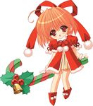  ahoge artist_request bell blush candy candy_cane chibi christmas food gloves holding holding_candy_cane holly looking_at_viewer moldavite red_eyes santa_costume short_hair short_sleeves simple_background solo stella_arista white_background 