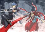  battle black_hair black_keys blue_eyes blue_hair ciel duel long_hair long_sleeves melty_blood multiple_girls nun red_hair short_hair sword tetsu_(kimuchi) toono_akiha tsukihime vermillion_akiha weapon 