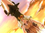  cloud dutch_angle fumio_(ura_fmo) game_cg hanging horizontal_bar kneehighs lavender_hair long_hair school_uniform setouchi_aoi sky socks solo sorauta sunset upside-down 