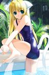  :o animal_ears aqua_eyes arm_support ass barefoot blonde_hair cat_ears copyright_request csy feet forest leg_lift long_hair looking_back nature one-piece_swimsuit pool poolside school_swimsuit shiny shiny_clothes solo swimsuit tail wading water wet 