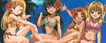  bangs bikini blonde_hair blue_eyes blunt_bangs bracelet brown_eyes brown_hair coco_(mermaid_melody_pichi_pichi_pitch) crease earrings floral_print flower green_hair hibiscus jewelry long_hair makida_kazuaki mermaid_melody_pichi_pichi_pitch multiple_girls nanami_lucia necklace non-web_source o-ring o-ring_bikini one_eye_closed plaid plaid_bikini scan seira_(mermaid_melody_pichi_pichi_pitch) side-tie_bikini swimsuit touin_rina 