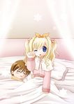  1girl ;o acolyte bed bed_sheet blonde_hair blue_eyes blush brown_hair closed_eyes furukawa_lemon long_hair long_sleeves on_bed one_eye_closed pillow ragnarok_online sitting sleeping smile waking_up 