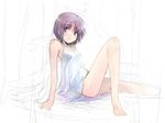  bare_shoulders barefoot brown_eyes chemise hara_takehito original parted_lips purple_hair short_hair sketch solo 