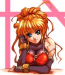  blue_eyes breasts cleavage elbow_gloves excellen_browning eyes_visible_through_hair fingerless_gloves gloves hand_to_head high_ponytail hisahiko large_breasts long_hair looking_at_viewer orange_hair parted_lips smile solo super_robot_wars upper_body 