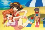  arm_grab asahina_mikuru bikini breasts brown_hair food fruit hairband holding holding_food holding_fruit large_breasts multiple_girls nagato_yuki orange_hairband short_hair star star_print striped suzumiya_haruhi suzumiya_haruhi_no_yuuutsu swimsuit takemoto_yasuhiro tears umbrella vertical-striped_bikini vertical_stripes watermelon 