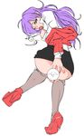  artist_request back-seamed_legwear censored copyright_request from_behind high_heels long_sleeves novelty_censor one_eye_closed pantyhose pantyhose_pull purple_eyes purple_hair seamed_legwear shoes solo white_background 