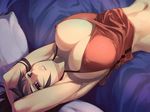  amaha_masane armpits arms_behind_back arms_up bed black_hair breasts camisole cleavage covered_nipples huge_breasts lying midriff navel on_back pillow purple_eyes solo sun-3 witchblade 