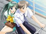  1girl bicycle blue_eyes game_cg green_hair ground_vehicle makimura_koutarou multiple_riders murakami_suigun natsuiro_no_sunadokei ocean pillion ribbon riding school_uniform sidesaddle 