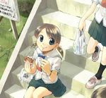  anpan blue_eyes bracelet brown_hair drinking food from_above ikeda_jun_(mizutamari) jewelry looking_at_viewer multiple_girls original outdoors pleated_skirt school_uniform serafuku shoes short_twintails sitting skirt smile solo_focus twintails 