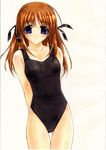  arms_behind_back blue_eyes blush brown_hair copyright_request hair_ribbon hasumi_eran highres non-web_source one-piece_swimsuit ribbon scan school_swimsuit smile solo swimsuit thigh_gap 