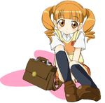  bag bangs black_legwear blunt_bangs blush emblem ixy kneehighs looking_at_viewer onegai_my_melody orange_eyes orange_hair school_bag shirt short_hair short_sleeves simple_background sitting solo sweater_vest twintails white_background white_shirt yumeno_uta 