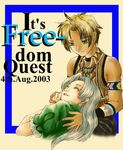  1girl casual chris_lightfellow closed_eyes couple freedom_quest gensou_suikoden gensou_suikoden_iii hetero hugo_(suikoden_iii) long_hair lowres silver_hair 