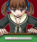  bangs blue_ribbon brown_eyes brown_hair eyebrows_visible_through_hair fukuzawa_yumi green_shirt hair_ribbon long_hair long_sleeves lowres mahjong mahjong_tile maria-sama_ga_miteru neckerchief outline parted_lips playing_games red_background ribbon sailor_collar satou_yuuki school_uniform serafuku shirt short_shorts shorts simple_background solo upper_body white_outline yellow_neckwear yellow_sailor_collar 