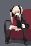  ascot black_dress black_legwear blonde_hair blue_eyes bow couch dress grey_background hair_bow kneehighs loafers long_sleeves natori_(natorism) original shoes sitting socks solo twintails v_arms 