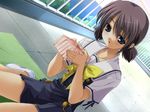  blanket blue_eyes bow day dutch_angle fumio_(ura_fmo) game_cg outdoors picnic purple_hair rooftop school_uniform short_hair short_twintails sitting solo sorauta twintails yuunagi_mio 