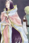  1girl artist_request blonde_hair brooch cloak closed_eyes facial_mark gensou_suikoden gensou_suikoden_i hood jewelry leknaat lips long_hair long_sleeves luc_(suikoden) purple_hair robe smile solo_focus tabard very_long_hair 