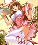  breasts brown_eyes brown_hair canet covered_nipples food frills from_below garter_belt glasses high_heels highres ice_cream large_breasts long_hair magi-cu menu no_panties parfait paw_print ribbon shoe_ribbon shoes smile solo tail thick_thighs thighhighs thighs tray tsuchinoto upskirt waitress wrist_cuffs 