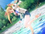  antenna_hair barefoot blonde_hair blush dutch_angle feet game_cg green_eyes hair_ribbon hashiba_natsumi leaning_forward legs long_hair long_sleeves magaki_ryouta one_eye_closed ribbon school_uniform skirt solo splashing toes tou_no_sawa_majutsu_kenkyuukai twintails water 