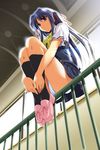  black_legwear blue_hair blue_panties fence fumio_(ura_fmo) game_cg hair_ribbon kneehighs long_hair long_legs nagasumi_mana panties pantyshot pantyshot_(sitting) purple_eyes ribbon school_uniform sitting socks solo sorauta twintails underwear upskirt 