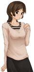  brown_eyes brown_hair earrings jewelry long_hair long_sleeves original simple_background skirt solo standing striped tamaru_tokihiko 