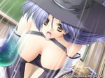  breasts game_cg hat huge_breasts kaikan_senshi_busty purple_hair solo usami_reina watermark witch_hat 