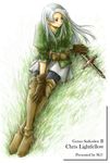  belt blue_eyes boots character_name chris_lightfellow copyright_name crossed_legs earrings fantasy from_above gensou_suikoden gensou_suikoden_iii gloves grass jewelry long_hair long_sleeves m.u outdoors pantyhose silver_hair sitting skirt smile solo sword thigh_boots thighhighs weapon 