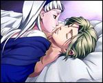  1girl bangs bed bed_sheet blonde_hair blunt_bangs close-up closed_eyes couple gensou_suikoden gensou_suikoden_ii gensou_suikogaiden hairband hetero long_hair lowres lying nash_latkje off_shoulder official_art on_back pillow sierra_mikain silver_hair sleeping smile vampire yashioka_shou 