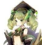 1girl bangs bare_shoulders black_hat blush bow breasts character_request closed_mouth commentary_request cryptract detached_sleeves eyebrows_visible_through_hair green_bow green_eyes green_hair green_sleeves hair_bow hair_ornament hairclip hat kikka_(kicca_choco) long_hair long_sleeves looking_at_viewer navel sidelocks simple_background small_breasts solo striped striped_bow twintails upper_body v-shaped_eyebrows white_background 