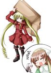  adapted_costume artist_request blonde_hair blue_eyes boots box cardboard_box crossover drill_hair long_hair long_sleeves multiple_girls pachira renkin_san-kyuu_magical_pokaan rozen_maiden shinku suigintou suiseiseki twintails 