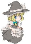  alternate_eye_color apron black_dress blonde_hair blue_eyes bow dress hair_bow hat hat_bow kirisame_marisa looking_at_viewer puffy_short_sleeves puffy_sleeves randou short_hair short_sleeves simple_background solo touhou waist_apron wavy_mouth white_background witch_hat 
