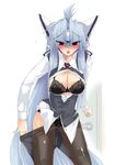  black_bra black_panties blue_hair blush bra breasts cleavage hairan highres kos-mos kos-mos_ver._4 large_breasts lingerie long_hair long_sleeves panties panties_under_pantyhose pantyhose pantyhose_pull red_eyes robot_ears solo underwear xenosaga xenosaga_episode_iii 