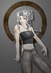  alternate_costume alternate_hairstyle artist_request bad_anatomy bare_shoulders braid breasts casual circle cleavage gensou_suikoden grey_background jeane large_breasts legs lips midriff nail_polish navel no_panties pants red_nails silver_hair smile solo strapless tattoo thighs tubetop 