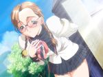  blue_eyes blush braid brown_hair freckles game_cg glasses hair_ornament hairclip leaning_forward long_sleeves magaki_ryouta school_uniform skirt solo tou_no_sawa_majutsu_kenkyuukai tsujiura_miyako twin_braids 