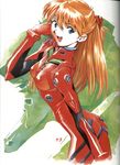  :d ass bangs blue_eyes bodysuit bracer breasts cowboy_shot eva_02 from_side gloves hair_between_eyes hair_ornament half_updo hand_on_own_cheek happy highres leaning_forward long_hair looking_back mecha monochrome_background neon_genesis_evangelion number official_art open_mouth orange_hair pilot_suit plugsuit red_bodysuit sadamoto_yoshiyuki scan signature skinny small_breasts smile solo souryuu_asuka_langley turtleneck 