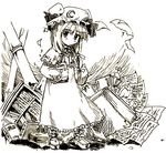  book bookshelf greyscale long_sleeves messy monochrome pages paper patchouli_knowledge solo tokiame touhou 