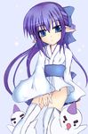  artist_request blue_background blue_eyes blush bow hair_bow hisame_(shinrabanshou) japanese_clothes kimono long_hair long_sleeves looking_at_viewer monster no_panties pointy_ears purple_hair sash shinrabanshou short_kimono simple_background solo thighhighs very_long_hair zettai_ryouiki 