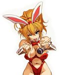  animal_ears bare_legs blonde_hair blue_eyes breasts bunny_ears bunnysuit cleavage detached_collar excellen_browning fake_animal_ears groin highleg hips hisahiko holding holding_microphone large_breasts leotard looking_at_viewer microphone navel one_eye_closed open_mouth outstretched_arms pointing pointing_at_viewer red_hair red_leotard simple_background solo super_robot_wars upper_teeth v-shaped_eyebrows white_background wrist_cuffs 
