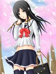  bag black_hair cherry_blossoms fatal_frame fatal_frame_1 grey_eyes himuro_kirie hinasaki_mafuyu keychain long_hair rope school_uniform serafuku solo taira_shihito thighhighs 