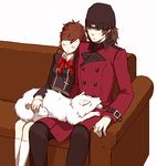  1girl animal aragaki_shinjirou bad_id bad_pixiv_id beanie bow brown_hair canary000 couch couple dog female_protagonist_(persona_3) hat headphones hetero koromaru lowres persona persona_3 persona_3_portable school_uniform short_hair sleeping trench_coat 