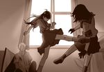  2girls ahoge as109 bad_id bad_pixiv_id battle blood denpa_teki_na_kanojo duel gloves hair_over_eyes injury juuzawa_juu kicking monochrome multiple_girls ochibana_ame rescue satsuki_miya school_uniform sepia spoilers wire 