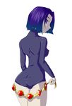  1girl ass belt breasts dc_comics female grey_skin ingenmame leotard looking_back nabeshiki_(ingenmame) purple_eyes purple_hair raven_(dc) short_hair simple_background solo teen_titans violet_eyes white_background 