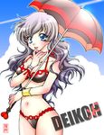  armband bikini blue_eyes chiipao long_hair mi_heng sangokushi_taisen silver_hair solo swimsuit umbrella 