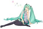  arm_support blue_eyes green_hair hatsune_miku legs long_hair musical_note sage_sage simple_background sitting skirt solo thighhighs twintails very_long_hair vocaloid 